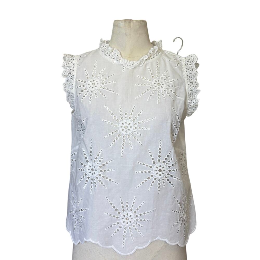NWOT Kate Spade White Floral Eyelet Blouse Sz 4 Ruffle Sleeve Scalloped Hem Top